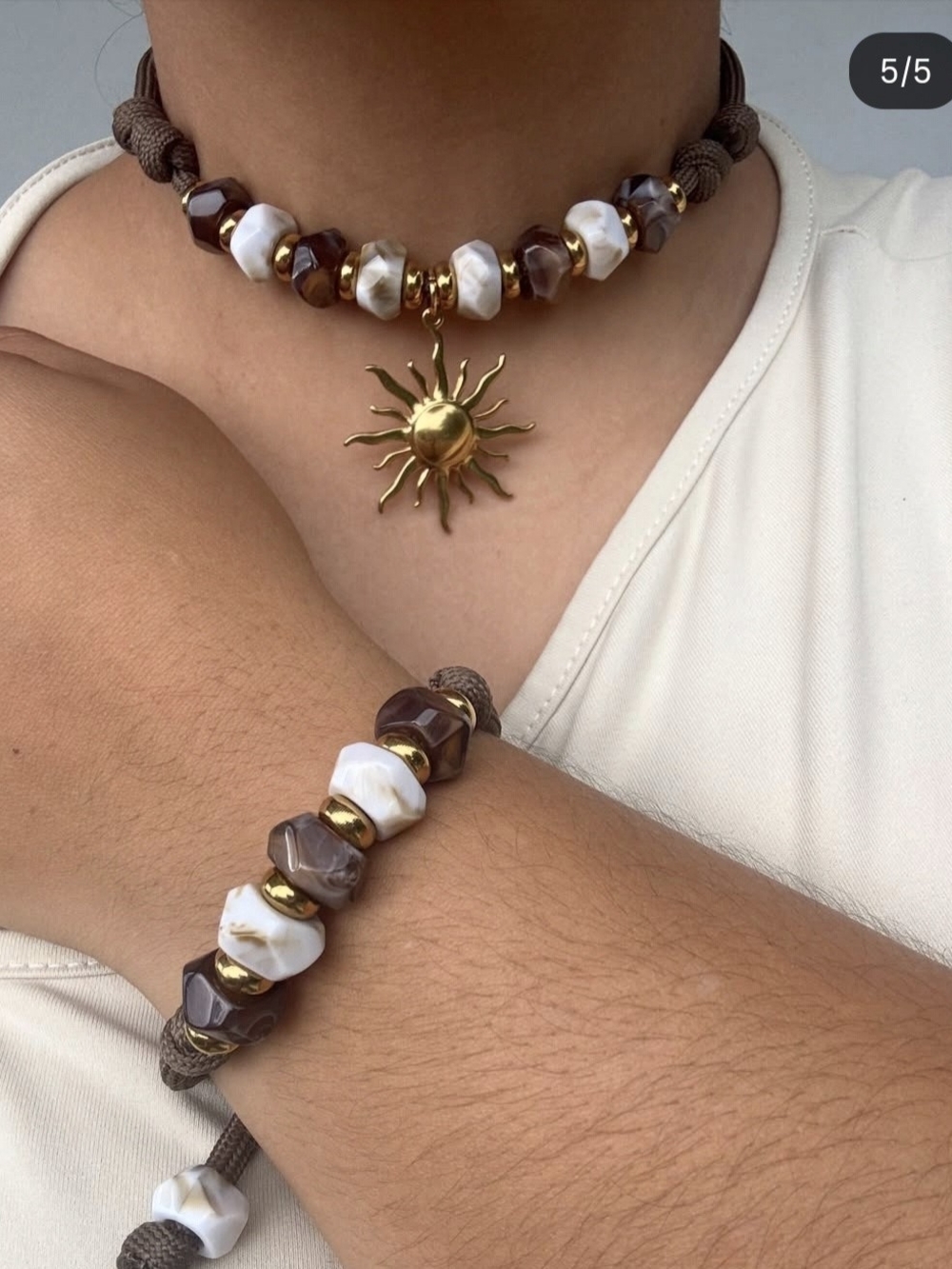 Sunburst Pendant Brown & White Beaded Choker and Bracelet Set
